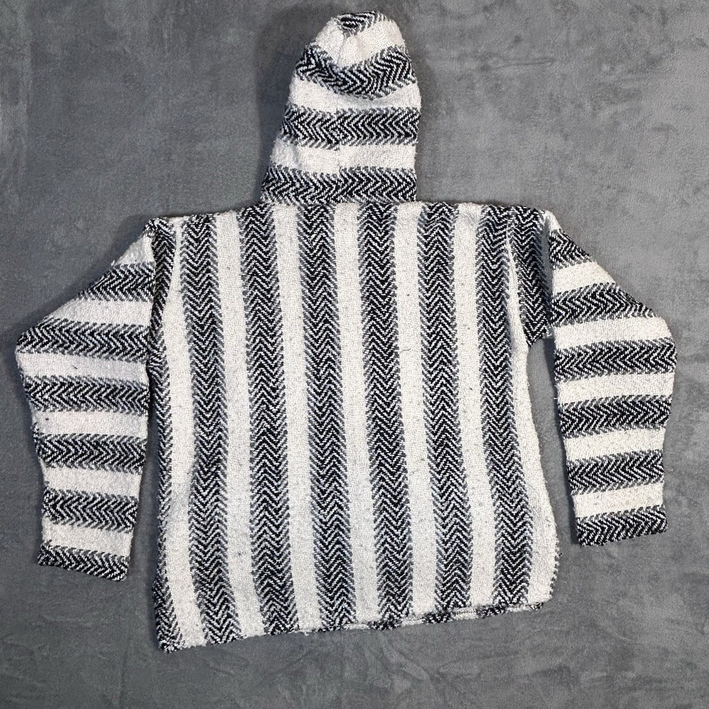 Baja Joe Black White Striped Mexican‎ Hoodie Pullover Baja Surf Poncho Size S - Picture 2 of 7